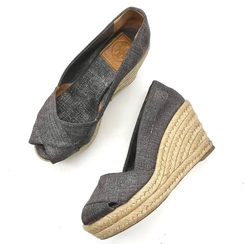 Tory Burch Filipa Espadrille Wedge Heel in Shimmer Pewter Linen Women’s Size 5.5